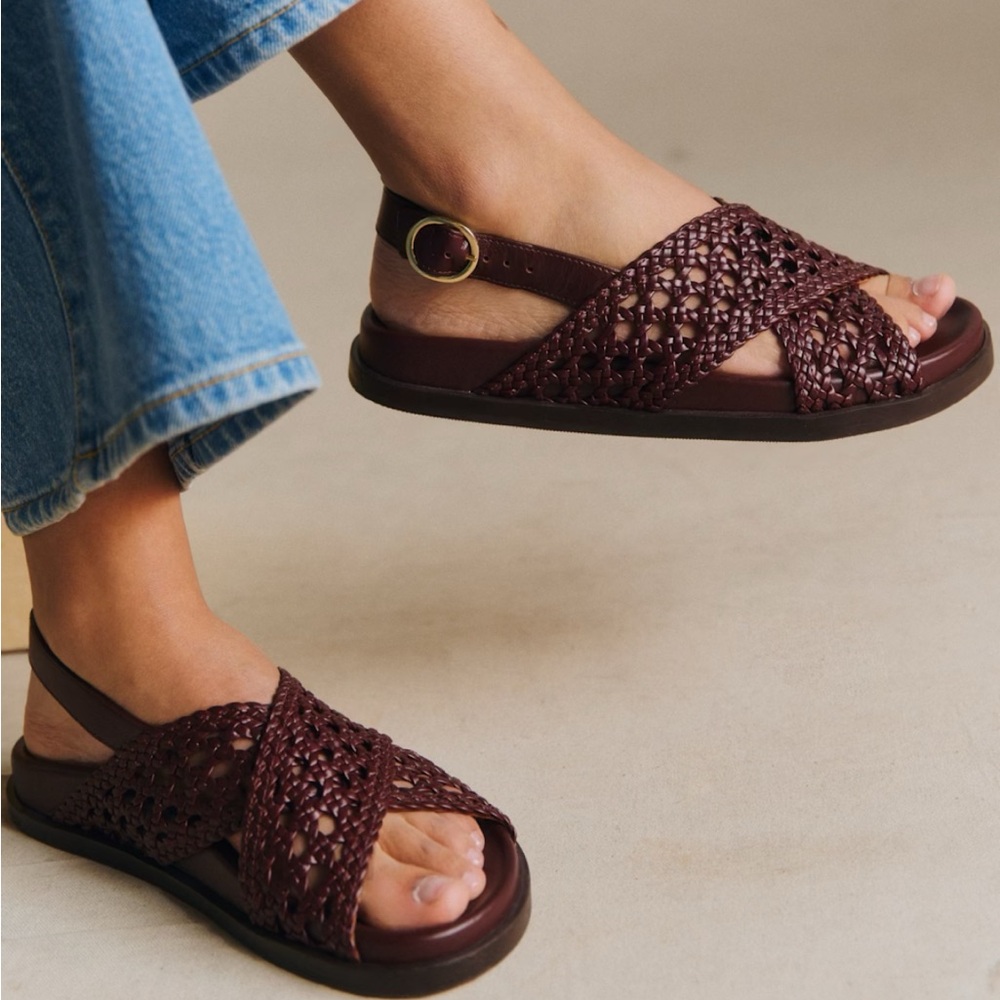 Sezane Woven Leather Slingback Sandals in Deep Wine